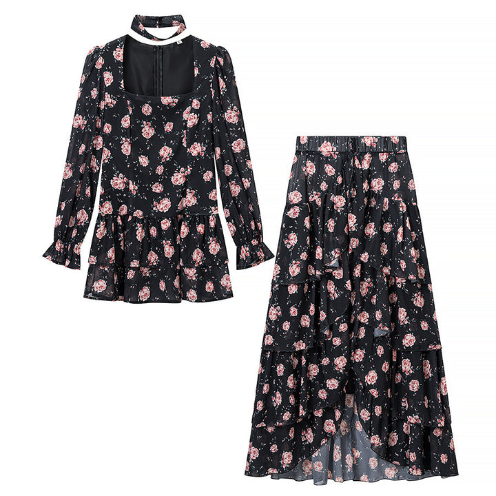 Damen Zweiteiliges Chiffon-Set mit Chokerbluse und stufigem Maxirock Echo Archiv