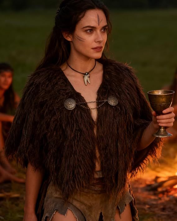 Damen Wikinger‑inspiriertes Faux‑Fur‑Cape mit rustikaler Fransenoptik und Schulterüberwurf Echo Archiv