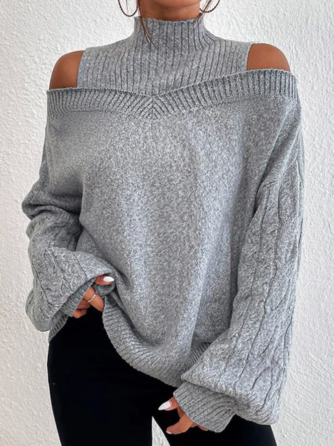 Damen nan schulterfreier Strickpullover mit Stehkragen und Zopfmusterärmeln Echo Archiv
