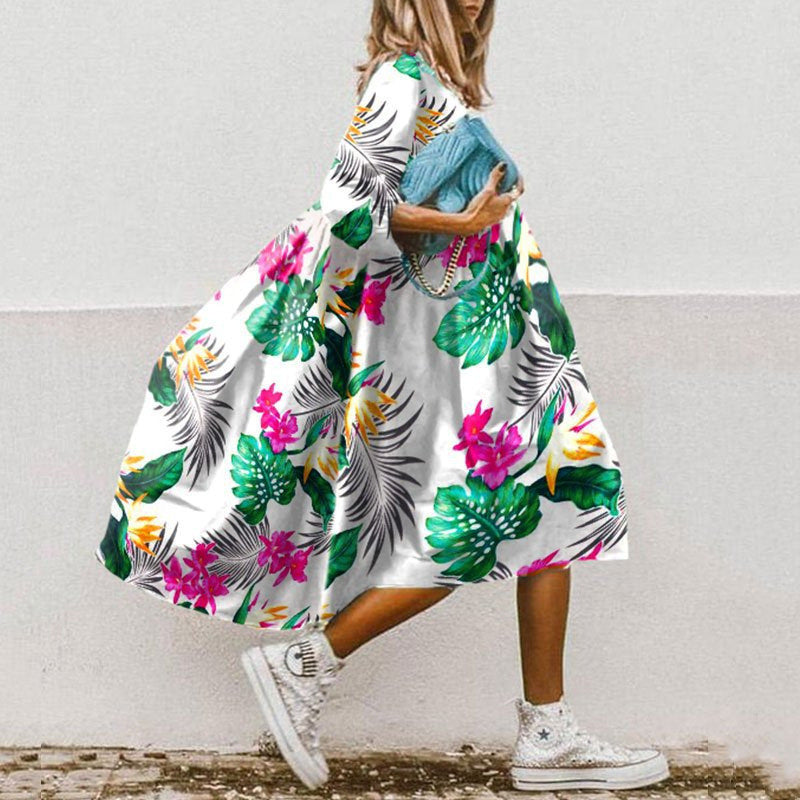 Damen nan leichtes Baumwoll-Swingkleid mit großem Blumenprint, 3/4-Ballonärmeln und geraffter Taille Echo Archiv