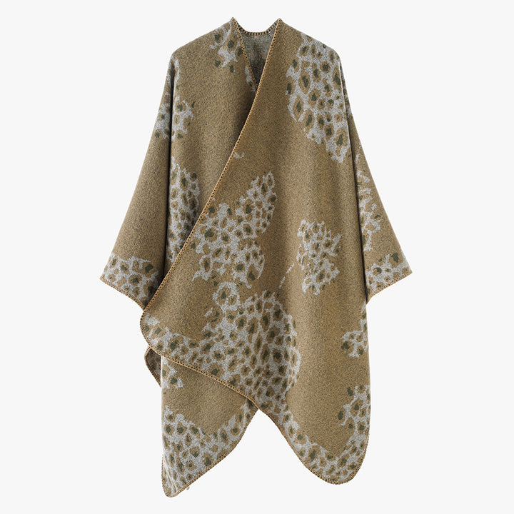 Damen Wolloptik-Überwurf mit gewebtem Leopard-Jacquard und offenem Zipfelrand Echo Archiv