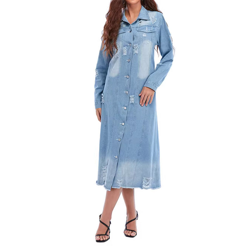 Damen nan langärmliges Jeans-Maxikleid mit Knopfleiste und Used-Details Echo Archiv