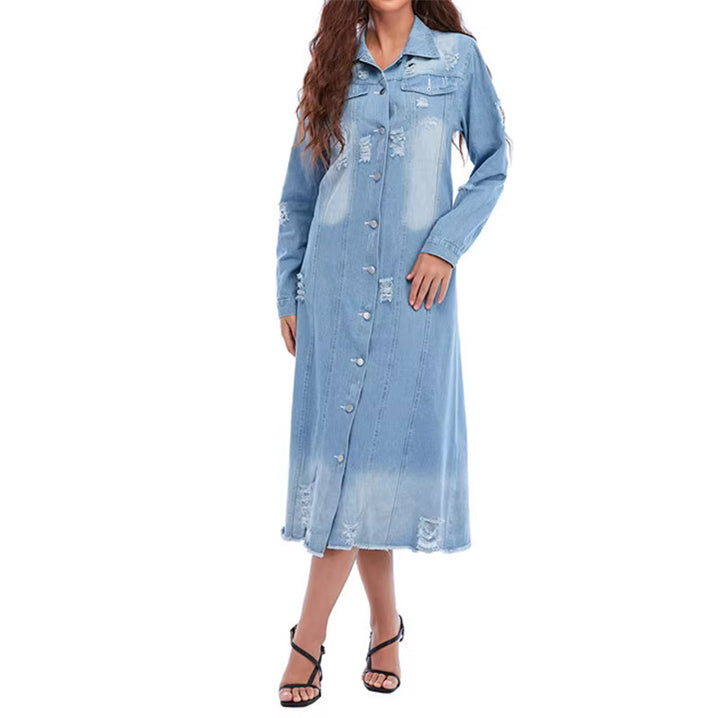 Damen nan langärmliges Jeans-Maxikleid mit Knopfleiste und Used-Details Echo Archiv