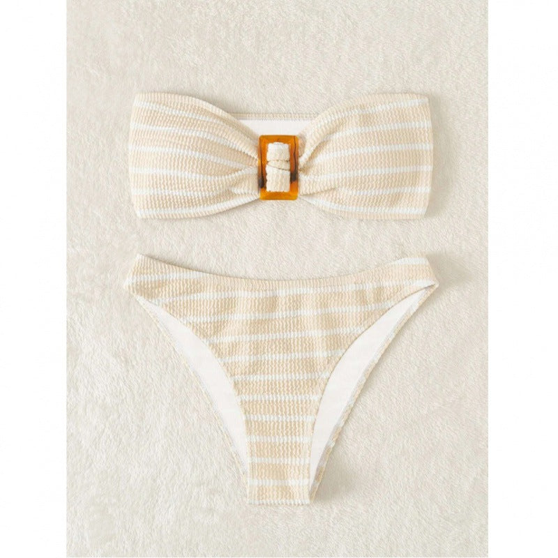 Damen Bandeau-Bikini-Set mit dekorativem Ring und verspieltem Streifenmuster Echo Archiv