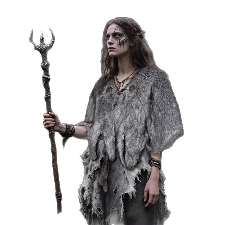 Damen Wikinger‑inspiriertes Faux‑Fur‑Cape mit rustikaler Fransenoptik und Schulterüberwurf Echo Archiv