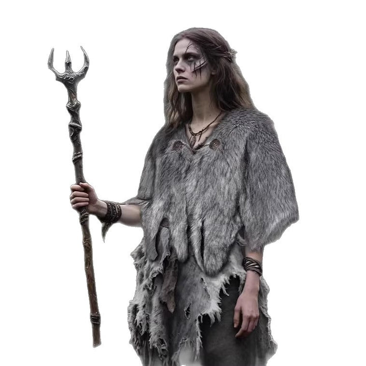 Damen Wikinger‑inspiriertes Faux‑Fur‑Cape mit rustikaler Fransenoptik und Schulterüberwurf Echo Archiv