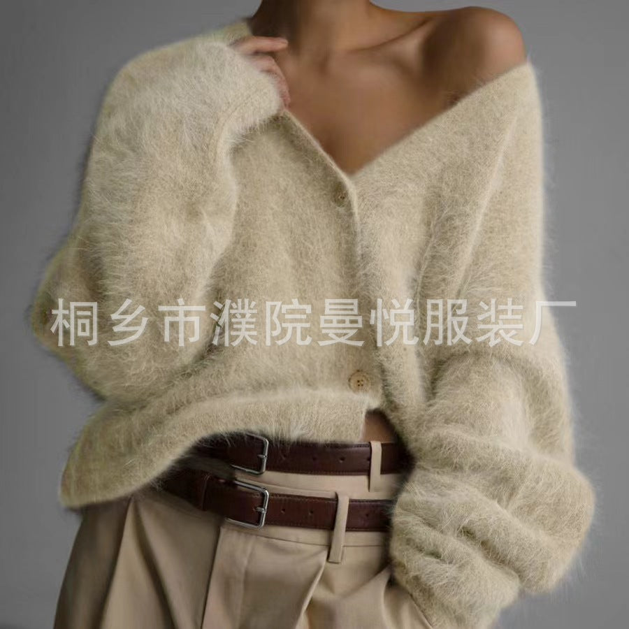 Damen Flauschiger Oversize-Knopfcardigan mit tiefem V-Ausschnitt und Eingrifftaschen – Veloura