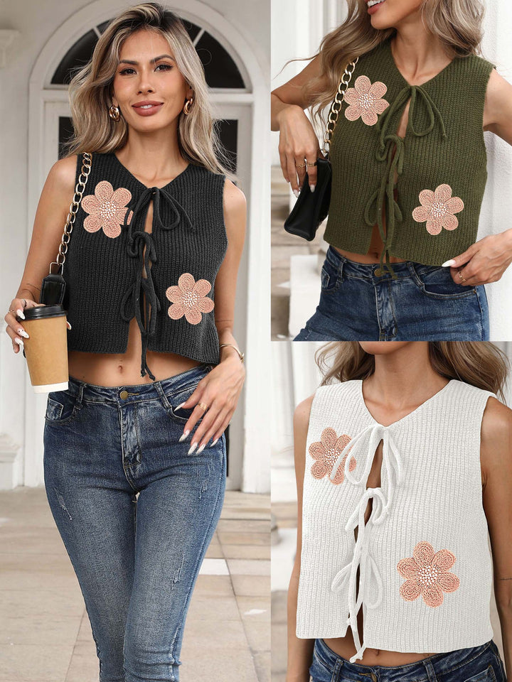 Damen Cropped Stricktop mit floralem Design und Bindebändern Echo Archiv