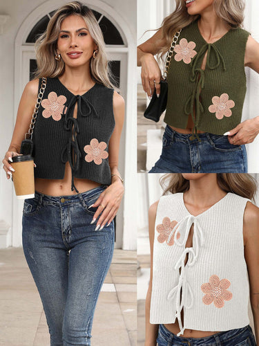 Damen Cropped Stricktop mit floralem Design und Bindebändern Echo Archiv