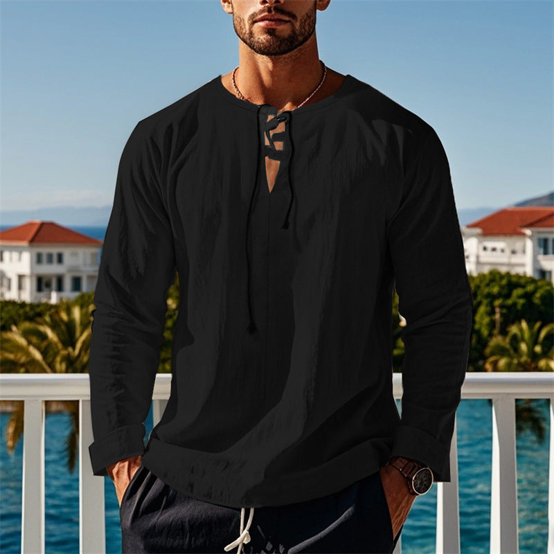 Herren modisches Langarmshirt mit Schnürung und V-Ausschnitt Echoarchiv