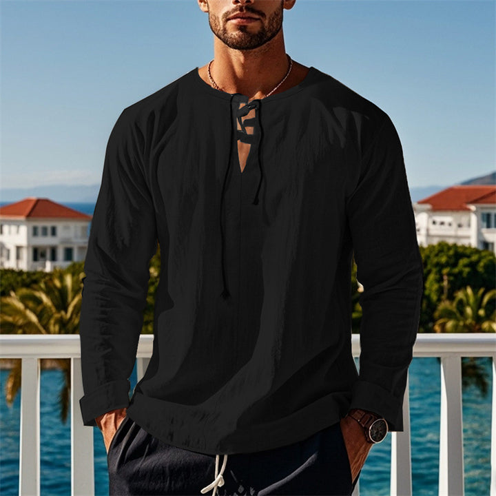 Herren modisches Langarmshirt mit Schnürung und V-Ausschnitt Echoarchiv