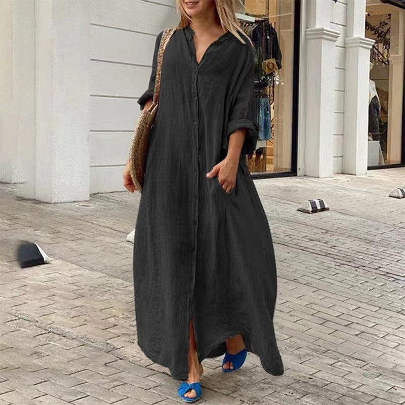 Echoarchiv | Einreiher Baumwoll-Leinen Plus Size Langkleid