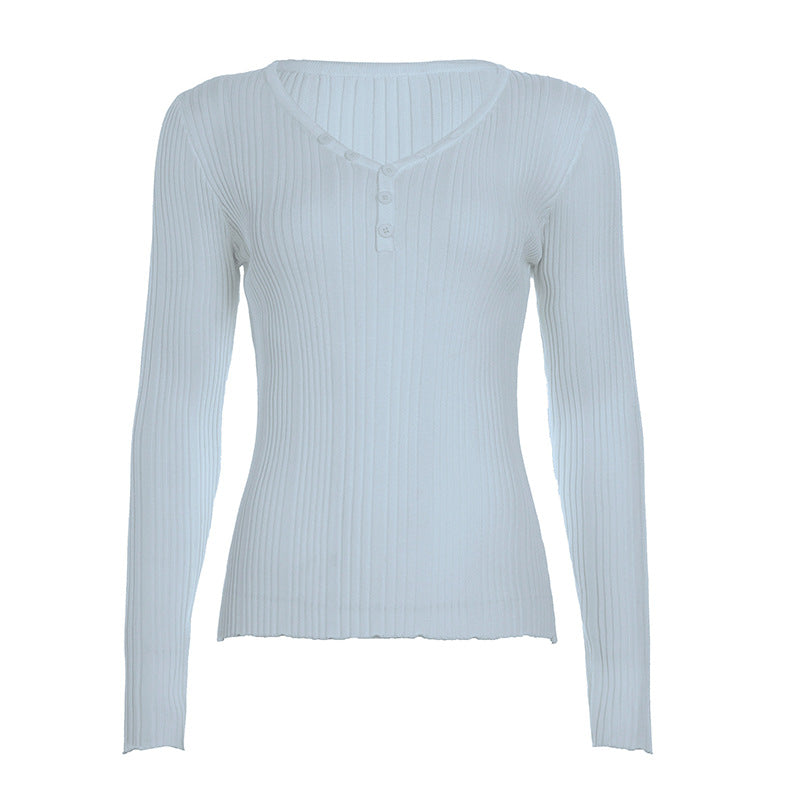 Damen nan feinstrukturierter Rippstrick-Longsleeve mit V-Ausschnitt, Henley-Knopfleiste und taillierter Passform Echo Archiv