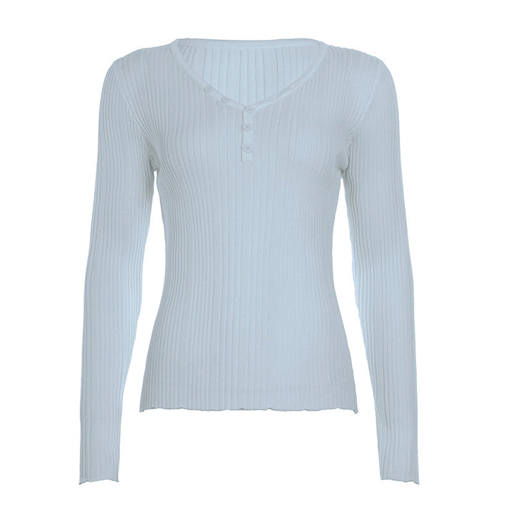 Damen nan feinstrukturierter Rippstrick-Longsleeve mit V-Ausschnitt, Henley-Knopfleiste und taillierter Passform Echo Archiv