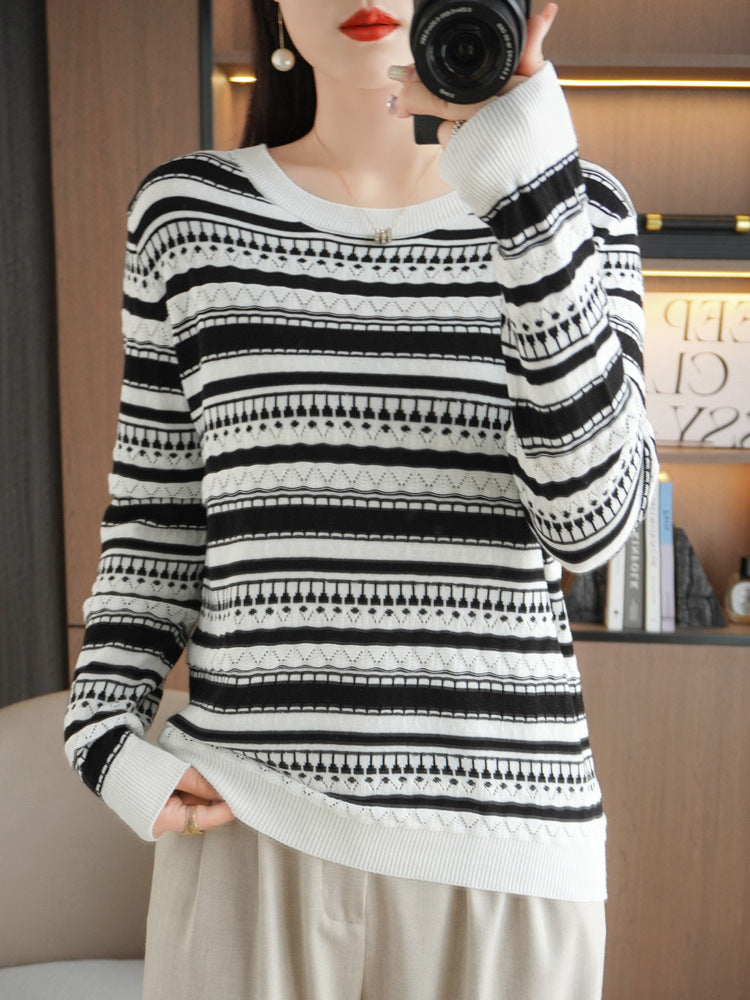 Damen Leichter Rundhals-Feinstrickpullover mit geometrischem Ajourstreifenmuster Echoarchiv
