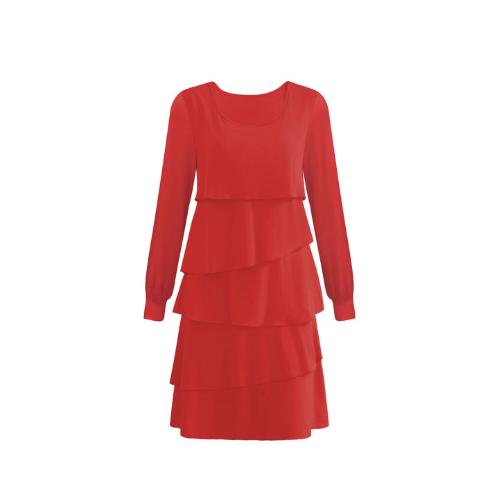 Damen Elegantes gestuftes Midikleid mit Volantlagen, Rundhalsausschnitt und Manschetten Echoarchiv