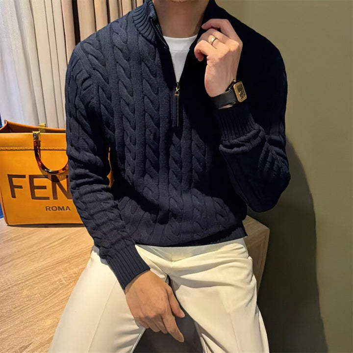 Herren Zopfstrick-Halbzip-Pullover mit Stehkragen Echoarchiv