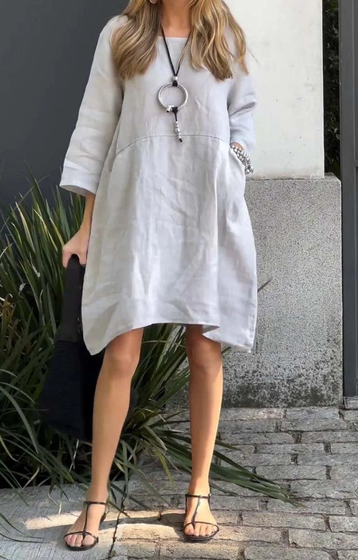 Damen lässiges Leinenkleid mit praktischen Taschen und asymmetrischem Saum Echoarchiv