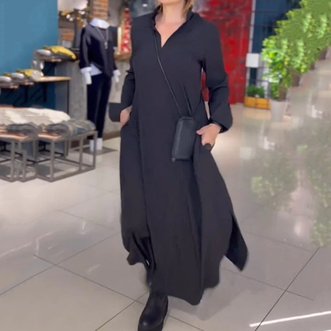 Damen nan fließendes Maxikleid mit V-Ausschnitt, kastiger A-Linie und langen Ärmeln Echo Archiv