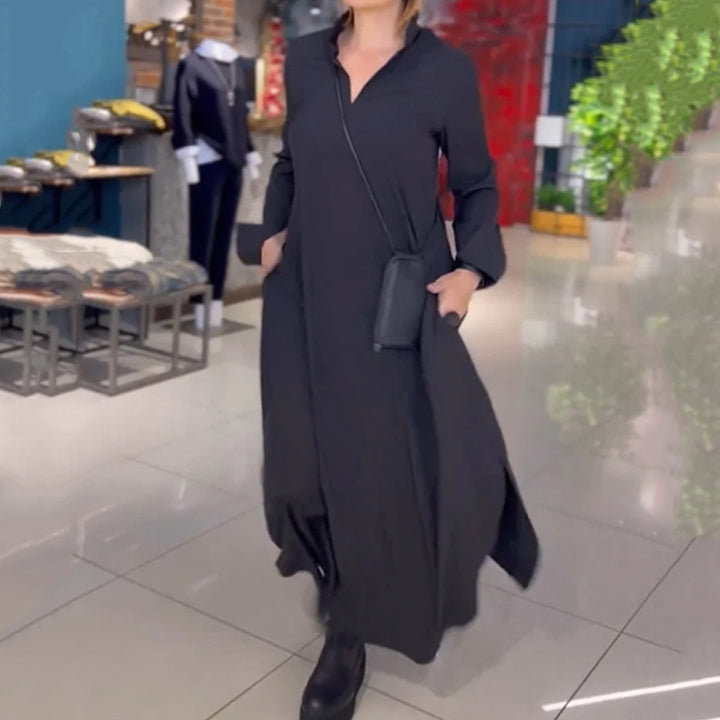 Damen nan fließendes Maxikleid mit V-Ausschnitt, kastiger A-Linie und langen Ärmeln Echo Archiv