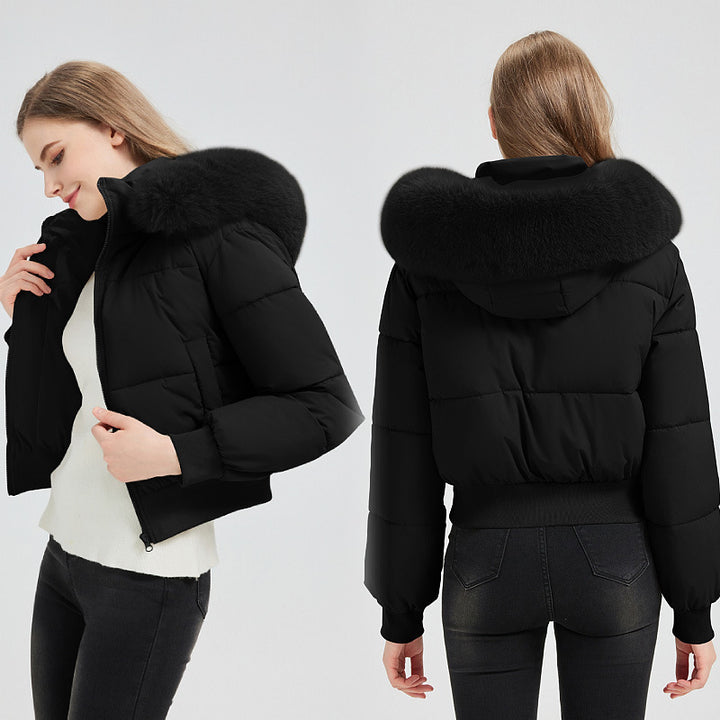 Damen Kurz‑Bomber‑Pufferjacke mit Kapuze und abnehmbarem Kunstfellkragen Echo Archiv