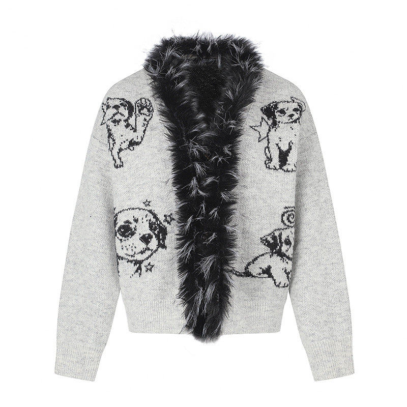 Damen Strickjacke mit Kunstfellkragen und illustrativem Hundemotiv Echoarchiv