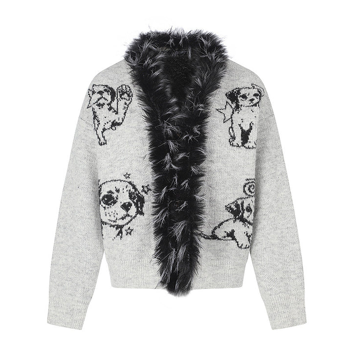 Damen Strickjacke mit Kunstfellkragen und illustrativem Hundemotiv Echoarchiv