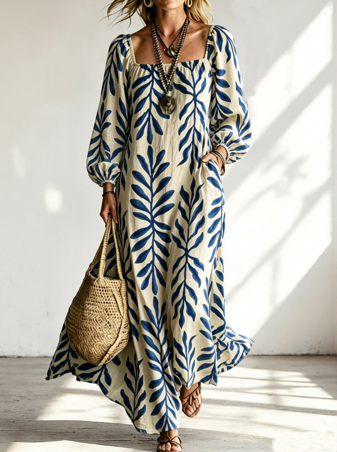 Damen Maxikleid mit quadratischem Ausschnitt, Ballonärmeln und botanischem Print Echoarchiv