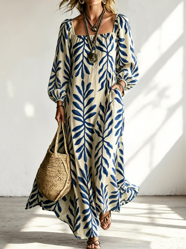 Damen Maxikleid mit quadratischem Ausschnitt, Ballonärmeln und botanischem Print Echoarchiv