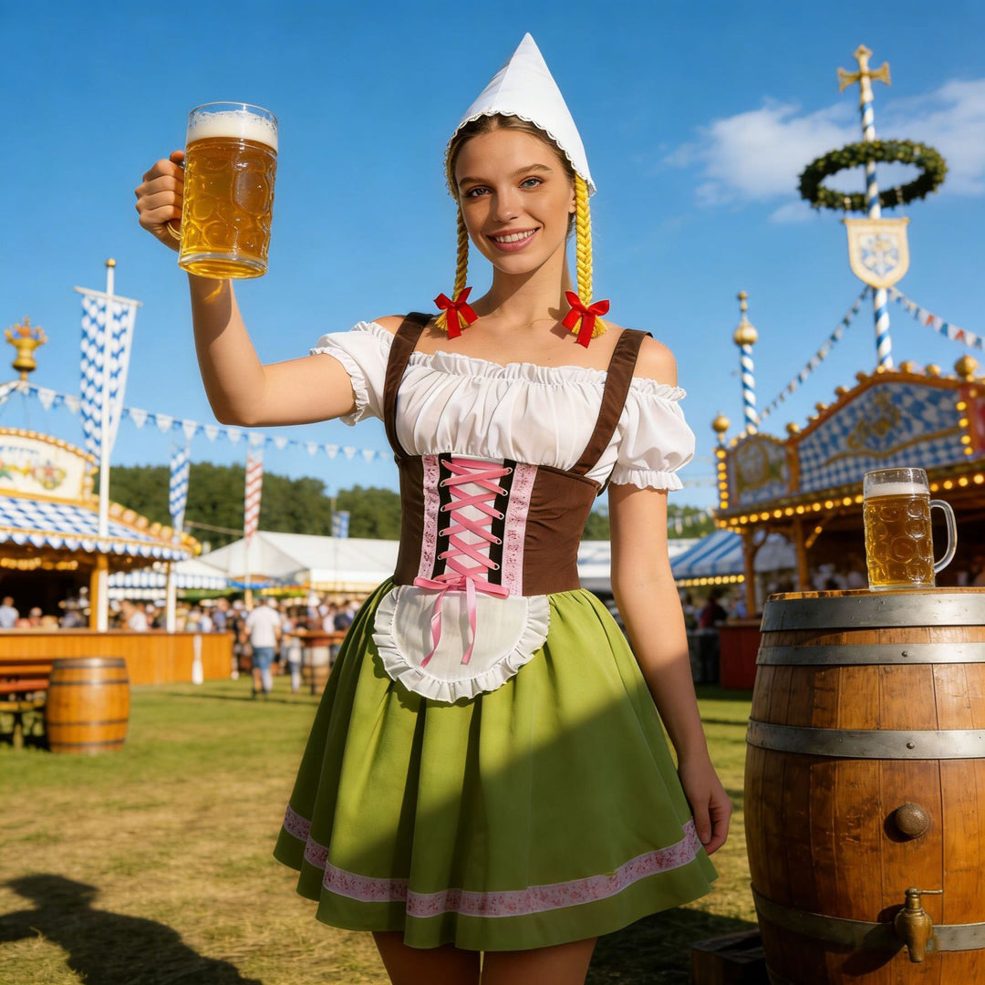 Damen nan traditionelles Dirndl-Kostüm mit Schnürung, Schürze und spitzem Kopftuch Echo Archiv