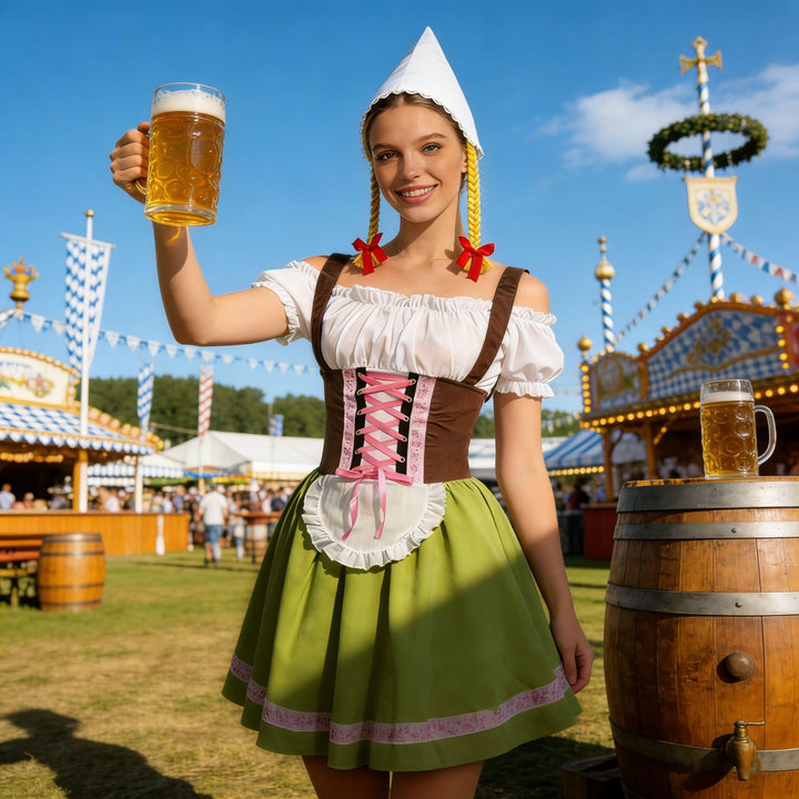 Damen nan traditionelles Dirndl-Kostüm mit Schnürung, Schürze und spitzem Kopftuch Echo Archiv