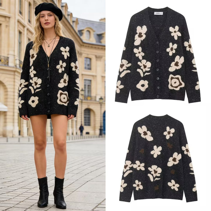 Damen Kurze Strickjacke mit Leopardenmuster und Perlenblütenknöpfen Echo Archiv