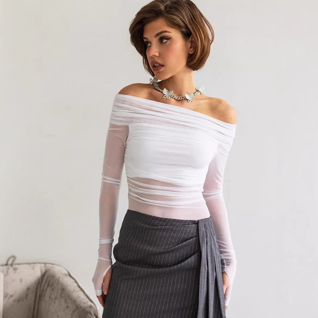 Damen Off-Shoulder Langarmshirt aus leicht transparentem Stoff mit raffiniertem Drapierungseffekt Echo Archiv