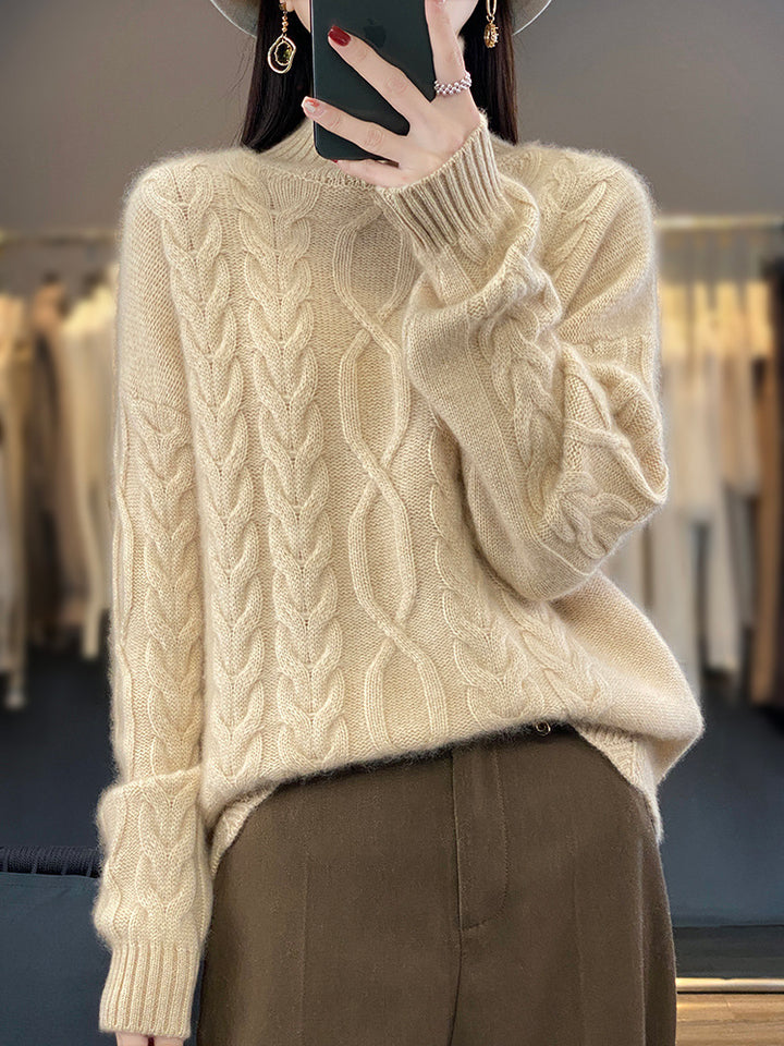 Damen Oversize-Zopfmuster-Pullover mit Mohair-Optik und gerippten Bündchen Echoarchiv