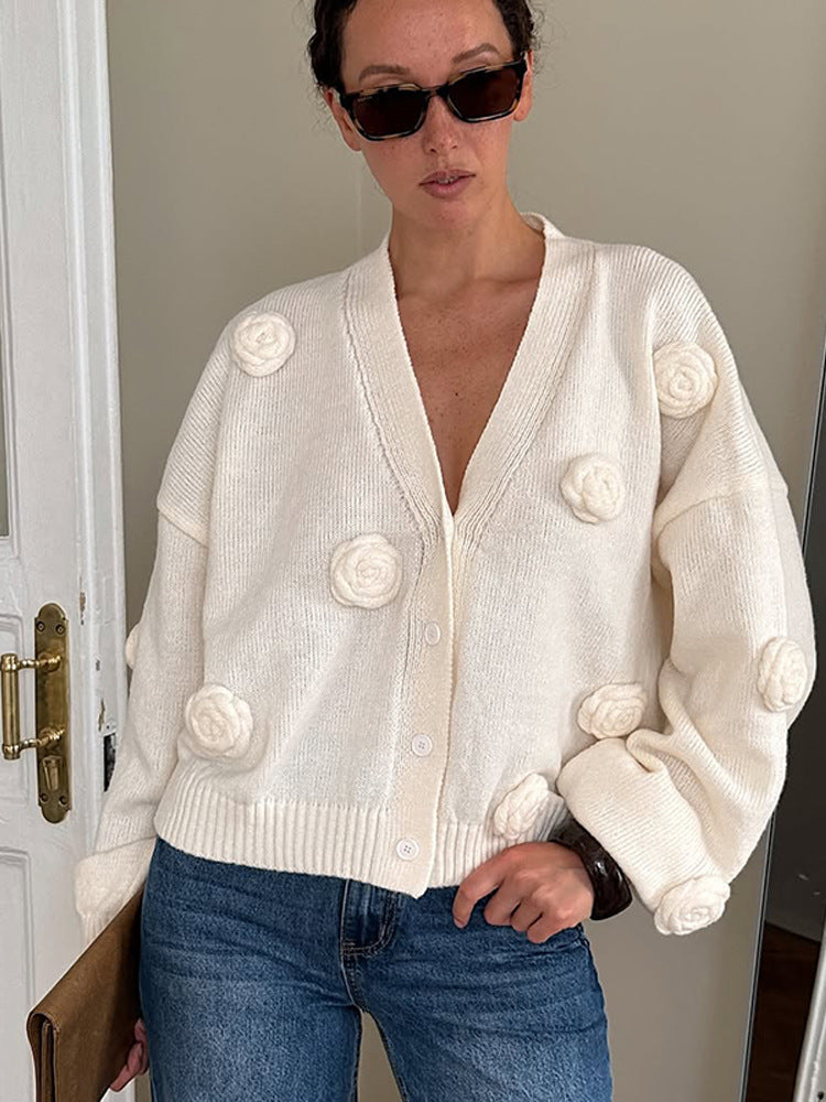 Damen Oversize-Strickcardigan mit dreidimensionalen Rosenapplikationen und V-Ausschnitt Echoarchiv