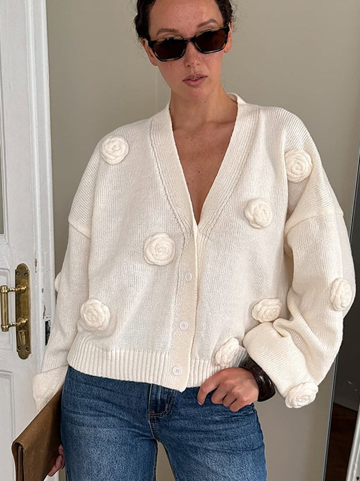 Damen Oversize-Strickcardigan mit dreidimensionalen Rosenapplikationen und V-Ausschnitt Echoarchiv