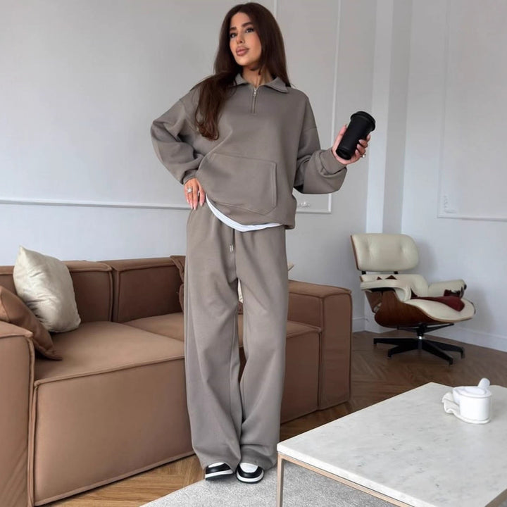 Damen nan weites Halfzip-Lounge-Set mit Kapuzenpullover, Kängurutasche und fließender Wide-Leg-Hose Echo Archiv