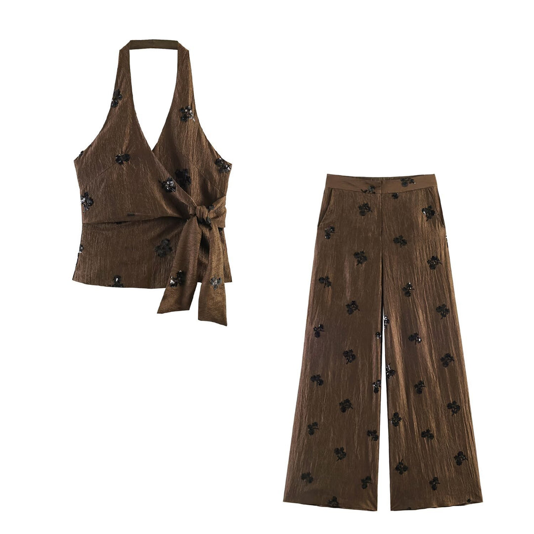 Damen 20+ weite Palazzo‑Hose mit hoher Taille, Crinkle‑Effekt und bestickten Paillettenapplikationen Echo Archiv