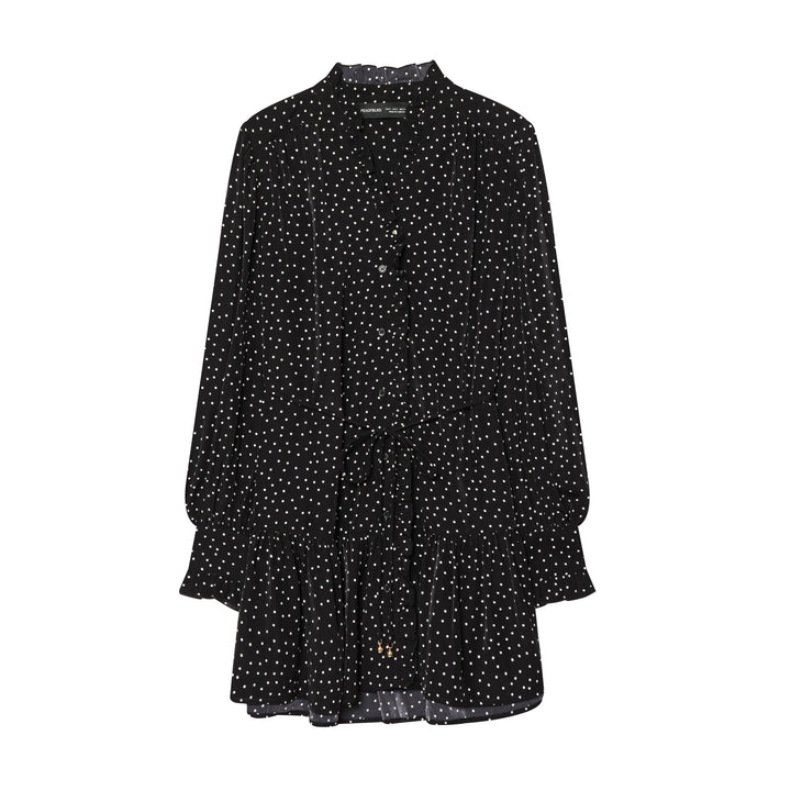 Damen gepunktetes Midikleid mit Rüschenblende, Taillenzug und stufigem Volantrock – Élara