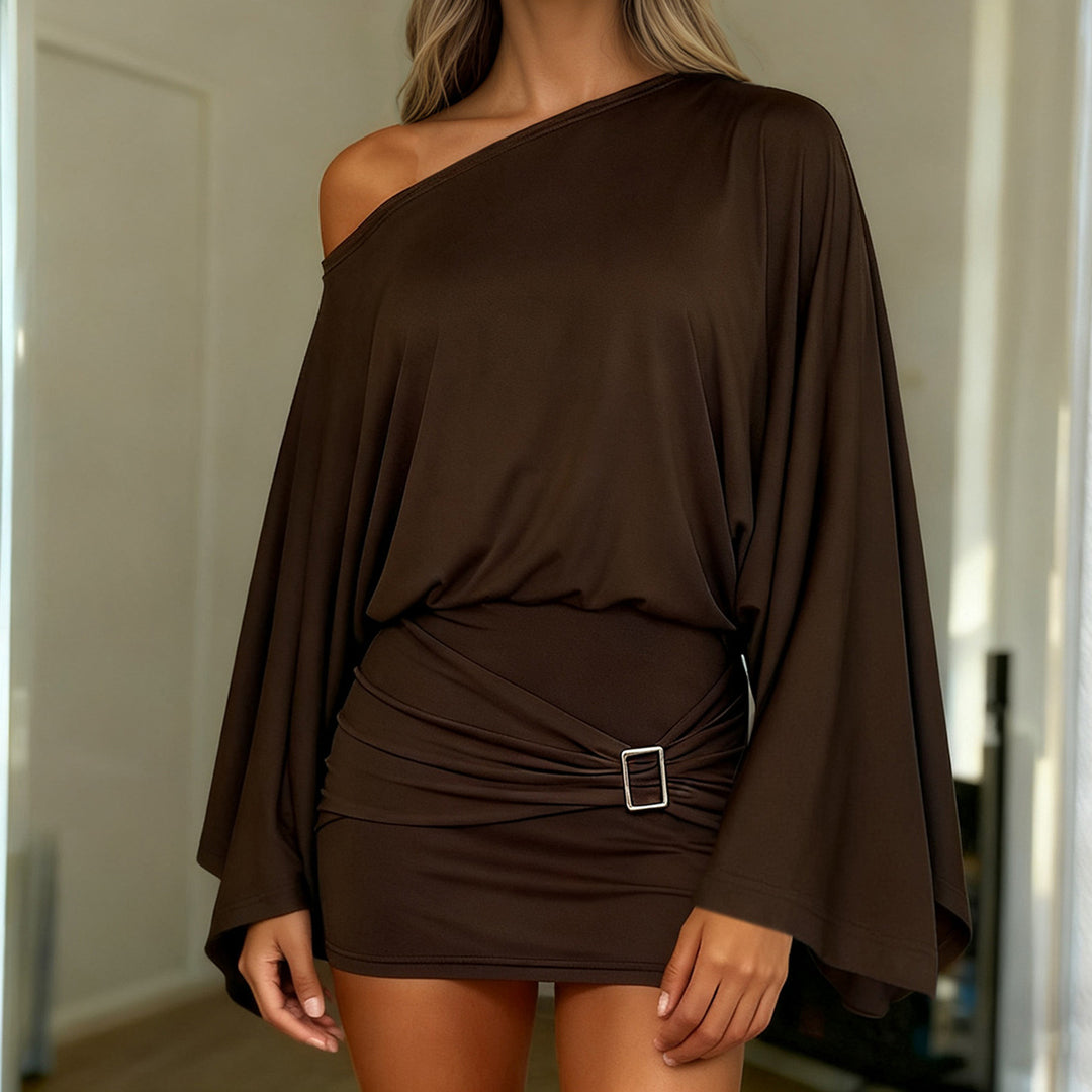 Damen Asymmetrisches Drapiertes One-Shoulder-Top mit Wasserfallärmeln und Taillengürtel Echo Archiv
