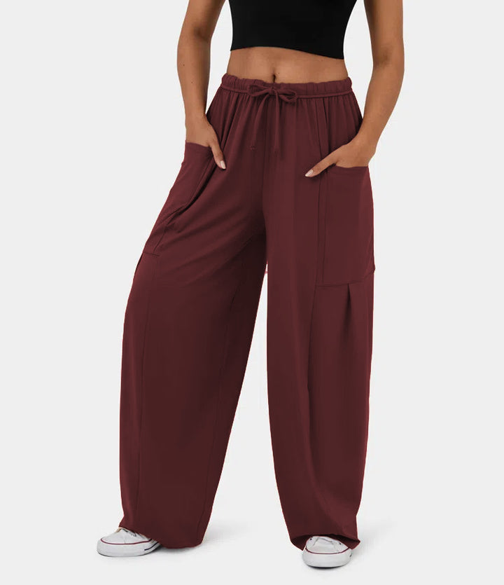 Damen Weite Relax‑Hose mit hohem Elastikbund, Tunnelzug und großen Cargo-Taschen – Avérine