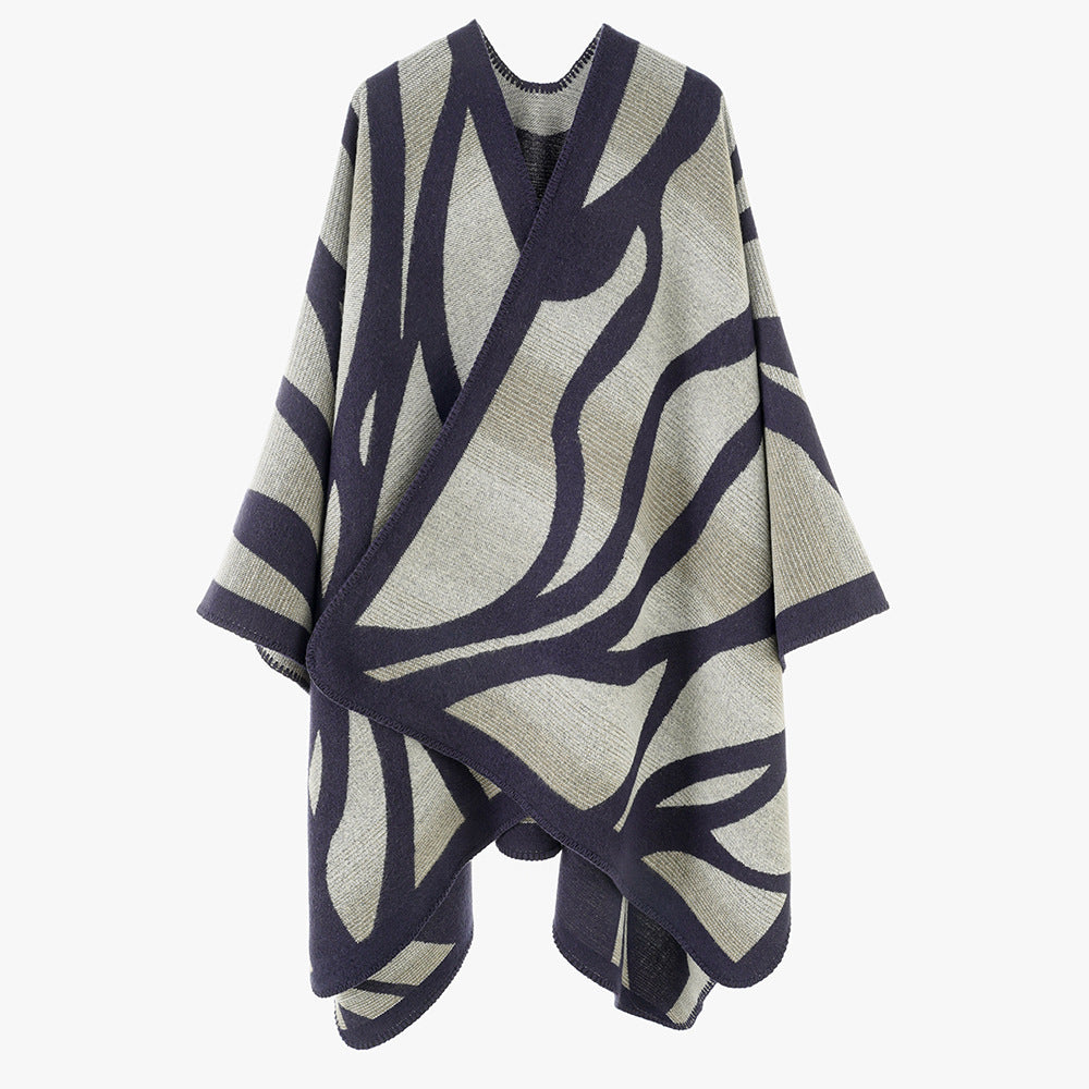 Damen Strukturstrick-Cape mit asymmetrischem Wickelfall und Jacquardmuster – Avérine