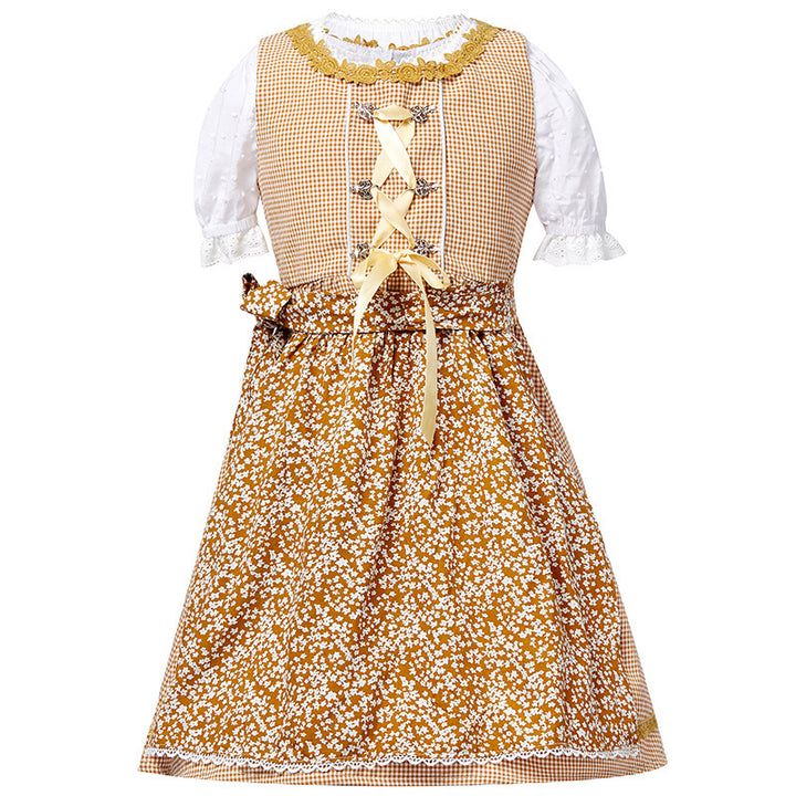 Damen nan traditionelles Trachtenkleid-Set mit geschnürtem Mieder, bestickter Puffbluse und abnehmbarer Schürze Echo Archiv