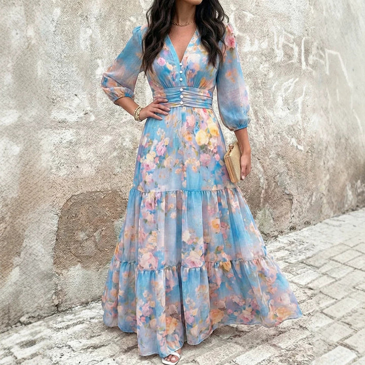 Damen Maxikleid mit Wickeloptik, V-Ausschnitt und geraffter Taillenpartie – Valéora