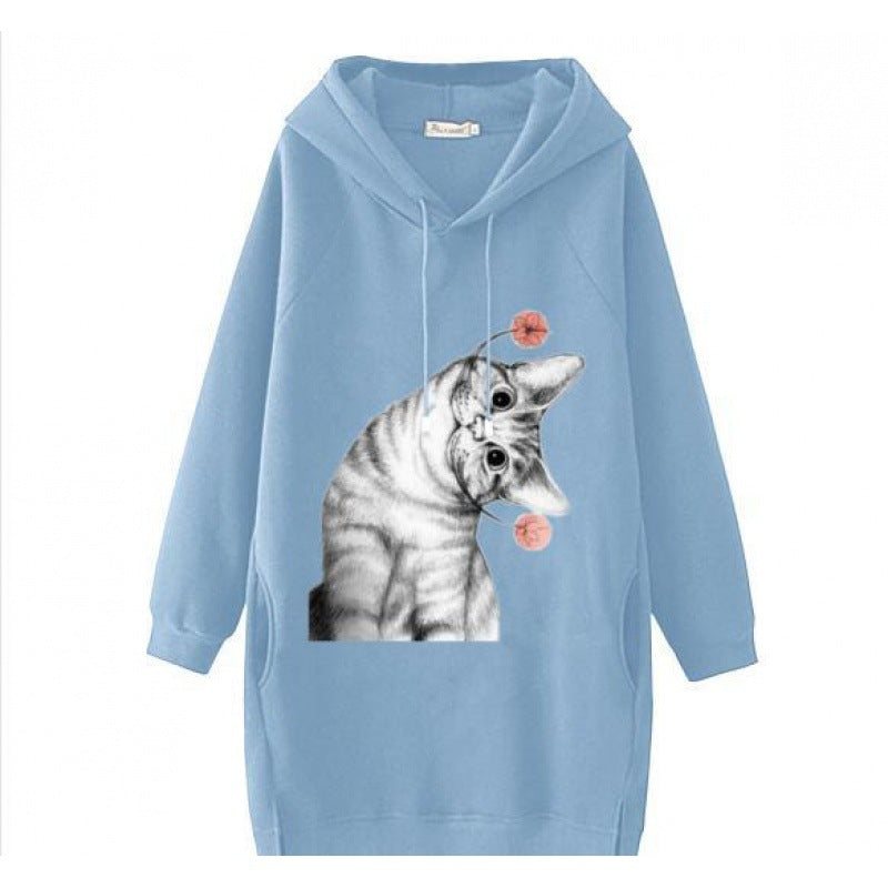 Damen Oversize Kapuzenkleid aus Sweat mit großem Katzenprint und Seitentaschen – Auréline