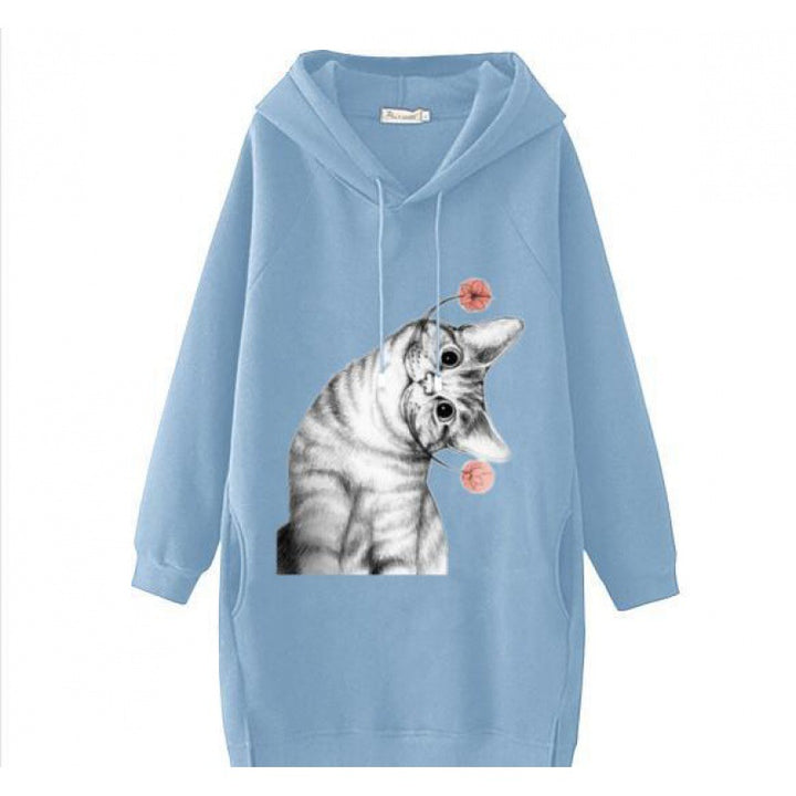 Damen Oversize Kapuzenkleid aus Sweat mit großem Katzenprint und Seitentaschen – Auréline