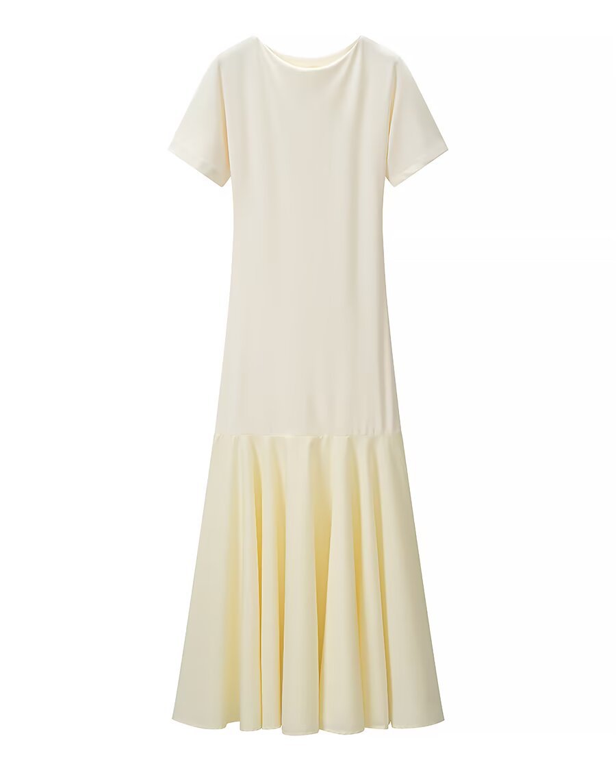 Damen Maxikleid mit kurzen Ärmeln, figurumspielendem Oberteil und ausgestelltem Volant-Saum Echo Archiv