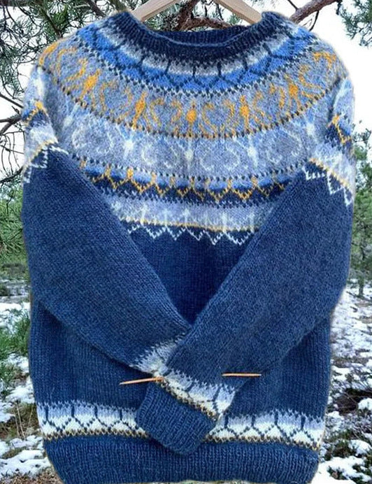 Damen nan Norwegerpullover aus Wollmix mit Rundhalsausschnitt und traditionellem Fair-Isle-Yoke Echo Archiv
