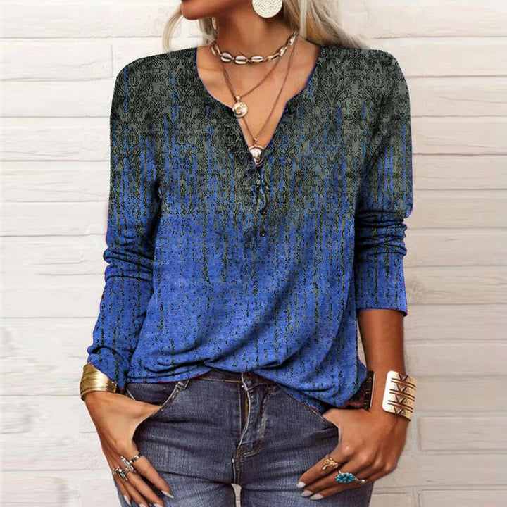 Damen Lockeres Langarm‑Henleyshirt mit V‑Ausschnitt, Knopfleiste und Ombre‑Print – Avérine