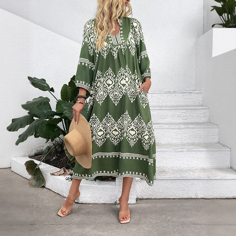 Damen Langes Boho‑Maxikleid mit lockerer A‑Linie, U‑Ausschnitt und aufgesetzten Taschen Echoarchiv
